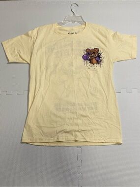 Miken Kids Yellow Cream T-Shirt with Brown Bear and Purple Balloons